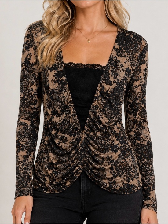 VENUS Tops - ⁠VENUS Ruched Front Lace Trim V-Neck Long Sleeve Top Black Nude Beige | Small